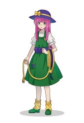 Rule 34 | 1girl, blue hat, blush, cable, dress, full body, green dress, green eyes, green footwear, hand up, hashtag-only commentary, hat, hat ribbon, heart, highres, holding, holding cable, lily&#039;s well, lily (lily&#039;s well), long hair, looking at viewer, open mouth, pastea, pinafore dress, pink hair, pocket, puffy short sleeves, puffy sleeves, ribbon, rope, shadow, shirt, short sleeves, sidelocks, simple background, sleeveless, sleeveless dress, socks, solo, standing, white background, white shirt, yellow ribbon, yellow socks