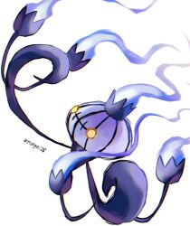 Rule 34 | artist name, chandelure, commentary request, creatures (company), fire, floating, game freak, gen 5 pokemon, highres, nintendo, no humans, pokemon, pokemon (creature), purple fire, rongai28, simple background, twitter username, white background, yellow eyes