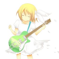 Rule 34 | 1girl, alternate costume, alternate hairstyle, bad id, bad pixiv id, blonde hair, bow, dress, closed eyes, guitar, hair bow, instrument, kagamine rin, short hair, solo, vocaloid, white dress