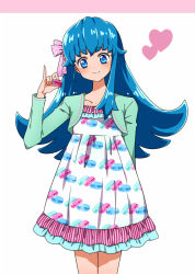 Rule 34 | 10s, 1girl, blue eyes, blue hair, blush, casual, dress, eyelashes, fashion, female focus, hair ornament, happinesscharge precure!, happy, heart, jacket, kagami chihiro, long hair, looking at viewer, matching hair/eyes, precure, shirayuki hime, smile, solo, standing, white background