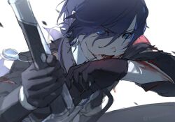 Rule 34 | 1boy, armband, black gloves, black jacket, black ribbon, blood, blood on arm, blood on face, blood on mouth, blue eyes, blue hair, collared shirt, commentary request, gloves, hair between eyes, highres, holding, holding sword, holding weapon, jacket, long sleeves, male focus, neck ribbon, open mouth, persona, persona 3, persona 3 reload, red armband, ribbon, shirt, short hair, simple background, solo, sword, upper body, weapon, white background, white shirt, yusaazusa, yuuki makoto (persona 3)