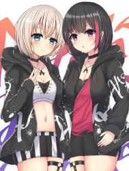 Rule 34 | 2girls, :o, aoba moca, aqua eyes, bang dream!, black choker, black jacket, black shorts, blush, bob cut, breasts, choker, cleavage, clothes writing, commentary request, crop top, cross-laced clothes, earrings, grey hair, highres, hood, hood down, hooded jacket, jacket, jewelry, long sleeves, looking at viewer, midriff, mitake ran, multicolored hair, multiple girls, navel, o-ring, paint stains, pendant, purple eyes, red hair, red shirt, ryakusun, shirt, short hair, short shorts, shorts, smile, streaked hair, striped clothes, striped shorts, thigh strap, v, white shirt