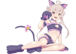 Rule 34 | 1girl, ahoge, animal ear fluff, animal ears, animal hands, armband, bare shoulders, bell, black bra, black gloves, black panties, blush, bow, bra, bridal garter, brown eyes, cat cutout, cat tail, choker, clothing cutout, eyebrows hidden by hair, fake animal ears, fake tail, flat chest, frilled bra, frilled panties, frills, genderswap, genderswap (mtf), gloves, koucha maru, light brown hair, midriff, navel, nervous, onii-chan wa oshimai!, open mouth, oyama mahiro, panties, paw pose, paw shoes, pink ribbon, ribbon, simple background, tail, thigh strap, twintails, underwear, white background
