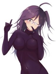 Rule 34 | 1girl, :q, ahoge, bodysuit, closed mouth, covered navel, finger to mouth, glasses, hagikaze (kancolle), hair between eyes, highres, honma (honmatomohiro), kantai collection, licking lips, long hair, looking at viewer, one eye closed, one side up, purple hair, simple background, skin tight, smile, solo, tongue, tongue out, twitter username, white background, yellow eyes