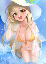 Rule 34 | 2girls, 82jhin, :d, absurdres, bare shoulders, bikini, blonde hair, blue archive, blue sky, breasts, cloud, commentary request, day, green eyes, highres, hoshino (blue archive), large breasts, long hair, long sleeves, looking at viewer, multiple girls, navel, nonomi (blue archive), off shoulder, open clothes, open mouth, see-through, sky, smile, standing, stomach, swimsuit, thighs, very long hair, wading, water, white headwear, yellow bikini