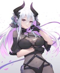Rule 34 | 1girl, absurdres, arm under breasts, black bow, black bra, black gloves, bodystocking, bow, bra, breasts, collar, covered navel, detached sleeves, gloves, grin, gu tao, hair between eyes, hair bow, hair ornament, hand up, highres, horns, large breasts, looking at viewer, multicolored hair, original, petals, purple eyes, purple hair, purple ribbon, ribbon, smile, solo, two-tone hair, underwear, white hair