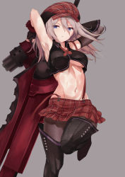 Rule 34 | 10s, 1girl, alisa ilinichina amiella, armpits, arms behind head, arms up, black footwear, black pantyhose, boots, breasts, cabbie hat, commentary request, elbow gloves, fingerless gloves, gloves, god eater, hat, kesoshirou, long hair, looking at viewer, medium breasts, navel, pantyhose, plaid, plaid skirt, skirt, solo, suspender skirt, suspenders, thigh boots, thighhighs, underboob