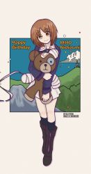 Rule 34 | 1girl, bandages, bandaid, black footwear, black socks, blue jacket, boko (girls und panzer), boots, brown eyes, brown hair, character name, closed mouth, commentary, dated, english text, full body, girls und panzer, green shirt, happy birthday, head tilt, highres, holding, holding stuffed toy, jacket, leoponchiaki, long sleeves, looking at viewer, military, military uniform, miniskirt, nishizumi miho, ooarai military uniform, pleated skirt, shirt, short hair, skirt, smile, socks, solo, standing, stuffed animal, stuffed toy, teddy bear, twitter username, uniform, white skirt, zipper