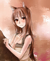 Rule 34 | 1girl, animal ears, blush, brown eyes, brown hair, canking, holo, long hair, looking at viewer, red eyes, solo, spice and wolf, upper body, wolf ears