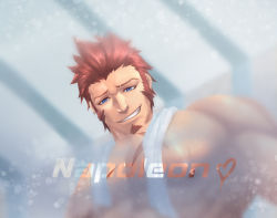 Rule 34 | 1boy, 297653, bad id, bad pixiv id, bara, beard, blue eyes, brown hair, censored, english text, facial hair, fate/grand order, fate (series), large pectorals, long sideburns, male focus, muscular, napoleon bonaparte (fate), pectorals, sauna, scar, sideburns, simple background, smile, solo, sweatdrop, teeth, topless male, towel, upper body