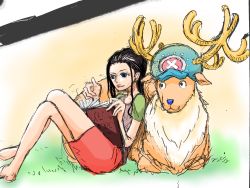 Rule 34 | 1boy, 1girl, ass, black hair, book, eye contact, flower, flower necklace, hat, highres, hip focus, jewelry, long hair, looking at another, necklace, nico robin, one piece, plant, ponytail, reading, reindeer, sitting, sitting on lap, sitting on person, skirt, tony tony chopper