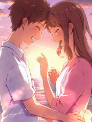Rule 34 | 1boy, 1girl, brown hair, couple, evening, closed eyes, forehead-to-forehead, grin, hair ornament, hairclip, hand on another&#039;s hip, happy, happy tears, heads together, hetero, highres, jewelry, long hair, ocean, original, profile, ring, signature, smile, sunset, tears, yuki yuxtuke