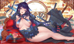 Rule 34 | armpits, bare shoulders, black dress, blue eyes, blunt bangs, bow, breasts, china dress, chinese clothes, chinese new year, dress, elbow gloves, eyeshadow, fate/grand order, fate (series), food, fruit, fruit bowl, gloves, grapes, gtunver, hair ornament, highres, large breasts, leaf hair ornament, long hair, looking at viewer, lychee, lying, makeup, midriff peek, on side, open mouth, peach, pipa (instrument), presenting armpit, purple hair, sidelocks, signature, smile, solo, thighs, yang guifei (fate)