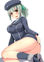 Rule 34 | 10s, 1girl, ass, beret, blush, brown eyes, cosplay, green hair, hat, kantai collection, kichihachi, long sleeves, open mouth, personification, ponytail, sailor hat, short hair, solo, white background, yuubari (kancolle), z1 leberecht maass (kancolle), z1 leberecht maass (kancolle) (cosplay)