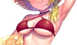 Rule 34 | 1girl, arm up, armpits, bare shoulders, bikini, blonde hair, blush, breasts, def lp, hat, head out of frame, highres, innertube, jewelry, kuromiya (def lp), large breasts, necklace, original, out of frame, red bikini, simple background, smile, solo, sweat, swim ring, swimsuit, white background