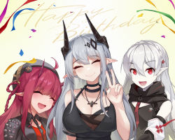 Rule 34 | 3girls, :d, ^ ^, absurdres, arknights, bare shoulders, black dress, black shirt, blush, braid, breasts, cleavage, closed eyes, closed mouth, collared shirt, confetti, crown braid, dress, facing viewer, fang, grey hair, hair between eyes, hair ornament, hand up, happy birthday, head tilt, highres, horns, large breasts, long hair, looking at viewer, mudrock (arknights), multiple girls, open mouth, pale skin, pointy ears, red eyes, red hair, shirt, sktre12, smile, spikes, streamers, v, vigna (arknights), warfarin (arknights)