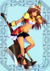 Rule 34 | 00s, 1girl, :d, adjusting hair, armband, axe, bad id, bad pixiv id, bike shorts, blue background, blush, border, breasts, brown hair, cleavage, cleavage cutout, clothing cutout, crop top, dark-skinned female, dark skin, feathers, final fantasy, final fantasy ix, fingerless gloves, gem, gloves, green eyes, hand in own hair, headband, huge weapon, lani (ff9), leaning forward, leg lift, long hair, looking at viewer, midriff, minatosaiga, nail polish, navel, open mouth, profile, shoes, skirt, smile, solo, standing, standing on one leg, striped, striped background, tan, turtleneck, weapon