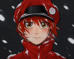 Rule 34 | 1girl, :|, ae-3803, artist request, black background, blush, cabbie hat, close-up, closed mouth, cold, commentary, dusa, english commentary, floating hair, furrowed brow, hair between eyes, hat, hataraku saibou, highres, jacket, korean commentary, looking at viewer, mixed-language commentary, nose blush, orange eyes, popped collar, portrait, red blood cell (hataraku saibou), red hair, red hat, red jacket, sanpaku, serious, short hair, signature, snow, snowing, solo, uniform, very short hair, wind, worried