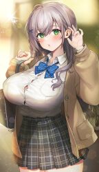 Rule 34 | 1girl, bag, blush, bow, bowtie, braid, breasts, cardigan, collared shirt, green eyes, grey hair, hair between eyes, hair ornament, hairclip, highres, hololive, large breasts, long hair, looking at viewer, noixen, parted lips, partially unbuttoned, plaid, plaid skirt, school bag, school uniform, shirogane noel, shirogane noel (school uniform), shirt, side braid, skirt, solo, virtual youtuber, white shirt, x hair ornament