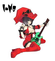 Rule 34 | 1girl, arc system works, bare shoulders, black hair, boots, breasts, center opening, choker, fingerless gloves, full body, gloves, green eyes, guilty gear, guitar, hat, high heels, highres, i-no, instrument, large breasts, miika, miniskirt, mole, nail polish, red hat, shoes, short hair, simple background, sitting, skirt, solo, thigh boots, thighhighs, wariza
