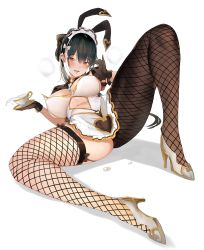 Rule 34 | 1girl, :d, absurdres, animal ears, arm support, asymmetrical legwear, black bow, black hair, blush, bow, breasts, crotch cutout, cup, fishnets, garter straps, gloves, hair bow, high heels, highres, large breasts, leotard, looking at viewer, momi, open mouth, orange eyes, original, pantyhose, pinky out, playboy bunny, rabbit ears, see-through, sexually suggestive, shadow, single leg pantyhose, single thighhigh, skindentation, smile, solo, spread legs, suggestive fluid, thighhighs, uneven legwear