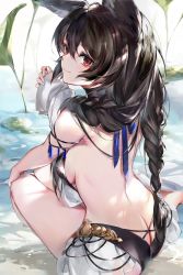 Rule 34 | 1girl, animal ears, ass, ass cutout, back, bare shoulders, black hair, black one-piece swimsuit, blush, breasts, butt crack, clothing cutout, day, erune, from behind, granblue fantasy, hair between eyes, highres, large breasts, long hair, looking at viewer, looking back, medium breasts, nier (granblue fantasy), nier (lover by the lily lake) (granblue fantasy), off shoulder, one-piece swimsuit, outdoors, red eyes, sideboob, sitting, smile, solo, soraneko hino, swimsuit, thighs