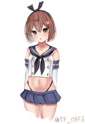 Rule 34 | 1girl, animal ears, black neckerchief, blue skirt, blush, breasts, brown eyes, brown hair, buttons, commentary request, cosplay, cowboy shot, double-breasted, elbow gloves, fake animal ears, gloves, hair between eyes, hair ornament, highres, kantai collection, looking at viewer, midriff, miniskirt, navel, neckerchief, parted lips, shimakaze (kancolle), shimakaze (kancolle) (cosplay), shirt, simple background, skirt, sleeveless, sleeveless shirt, small breasts, solo, tf cafe, thong, twitter username, white background, white gloves, yukikaze (kancolle)