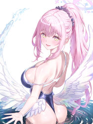 Rule 34 | 1girl, absurdres, ass, bare shoulders, blue archive, breasts, highres, large breasts, long hair, looking at viewer, mika (blue archive), open mouth, pink hair, solo, swimsuit, wings, yellow eyes, zea (zeamilky)