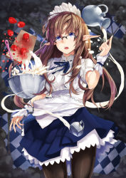 Rule 34 | 1girl, apron, bad id, bad pixiv id, batter, black pantyhose, blue eyes, bowl, brown hair, checkered background, cream, cutting board, food, fruit, glasses, long hair, magic, maid, maid apron, maid headdress, mixing bowl, open mouth, original, pantyhose, pitcher (container), pointy ears, ruuto (sorufu), sidelocks, skirt, solo, sparkle, strawberry, wand, wisp, wrist cuffs