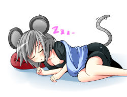 Rule 34 | 1girl, animal ears, blanket, blush, closed eyes, dress, female focus, gradient background, grey dress, grey hair, ichimi, lying, mouse ears, mouse tail, nazrin, nightshirt, on side, open mouth, pillow, short hair, sleeping, solo, tail, touhou, white background, zzz