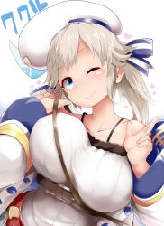 Rule 34 | 10s, 1girl, ;), bare shoulders, belt, beret, between breasts, blonde hair, blue eyes, blush, breasts, buckle, character name, collarbone, commentary request, cucouroux (granblue fantasy), granblue fantasy, hat, head tilt, heart, highres, large breasts, long hair, looking at viewer, mizuyan, one eye closed, simple background, smile, solo, strap, strap between breasts, white background