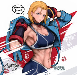Rule 34 | 1girl, abs, blonde hair, blue jacket, breasts, cammy white, choker, crop top, cropped jacket, cropped torso, english text, fingerless gloves, gloves, hershuar, jacket, large breasts, looking at viewer, medium breasts, parted lips, short hair, solo, speech bubble, street fighter, street fighter 6, upper body