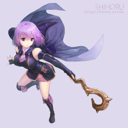 Rule 34 | 10s, 1girl, bare shoulders, black footwear, black gloves, boots, breasts, cape, collared dress, curry bowl, dress, elbow gloves, fingerless gloves, gloves, hai to gensou no grimgar, hat, highres, knee boots, large breasts, looking to the side, purple eyes, purple hair, shihoru (grimgar), short hair, solo, staff, witch hat