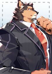 Rule 34 | 1boy, absurdres, animal ears, bara, black suit, claws, clenched hand, commentary request, dog boy, dog ears, formal, furry, furry male, highres, live a hero, looking at viewer, male focus, necktie, omochi kuitai, pawpads, profile, pubraseer (live a hero), red necktie, shirt, suit, upper body, white shirt