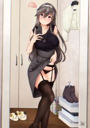 Rule 34 | 1girl, anchor symbol, bedroom, black panties, black shirt, black thighhighs, blush, boots, breasts, brown footwear, cellphone, closed mouth, clothes hanger, clothes lift, garter belt, garter straps, grey hair, grey skirt, hair between eyes, hairband, haruna (kancolle), highres, holding, holding phone, jewelry, kantai collection, large breasts, lifting own clothes, lingerie, long hair, magazine (object), mirror, necklace, off shoulder, panties, panties over garter belt, phone, pink eyes, selfie, shirt, signature, skirt, skirt lift, slippers, smartphone, solo, squiggle, tadokoro nurikabe, thighhighs, underwear, white hairband