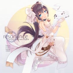 Rule 34 | 1girl, absurdres, bad id, bad pixiv id, bemani, black hair, blue eyes, blush, from behind, hamalu, highres, holding, holding microphone, looking at viewer, microphone, musical note, original, parted lips, smile, solo, thighhighs, white thighhighs