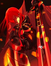 Rule 34 | 1girl, absurdres, black bodysuit, bodysuit, cape, chain, collared cape, family crest, fate/grand order, fate (series), hair over one eye, highres, holding, holding sword, holding weapon, katana, looking at viewer, medallion, oda nobunaga (fate), oda nobunaga (maou avenger) (fate), oda uri, popped collar, red cape, red eyes, red hair, scdz2344, solo, sword, tight top, weapon