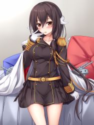 Rule 34 | 1girl, azur lane, blush, breasts, brown dress, brown eyes, brown hair, dress, epaulettes, gloves, hair ornament, highres, impossible clothes, impossible dress, large breasts, long hair, looking at viewer, machinery, mikasa (azur lane), open mouth, pillow, solo, tongue, white gloves, yoye (pastel white)