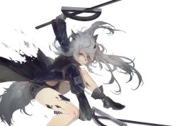 Rule 34 | 1girl, animal ears, arknights, arm up, black footwear, black jacket, black shorts, boots, dual wielding, female focus, fighting stance, floating hair, grey hair, highres, holding, holding sword, holding weapon, jacket, knee up, kuroduki (pieat), lappland (arknights), material growth, messy hair, open clothes, open jacket, oripathy lesion (arknights), shorts, simple background, solo, sword, tail, weapon, white background, wolf ears, wolf tail