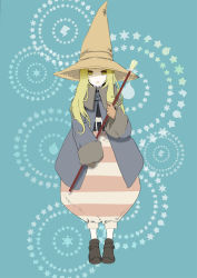 Rule 34 | 1girl, black mage, black mage (fft), black mage (final fantasy), blonde hair, blue background, coat, expressionless, final fantasy, final fantasy tactics, fur trim, hat, highres, impossible clothes, jolin0323, long hair, looking at viewer, robe, simple background, solo, staff, standing, wand, weapon, witch hat