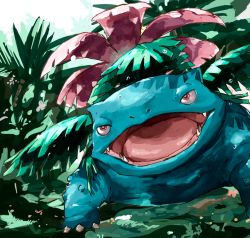 Rule 34 | bright pupils, claws, commentary request, creatures (company), fangs, game freak, gen 1 pokemon, leaf, looking up, nintendo, no humans, nyala (nyala 766), open mouth, plant, pokemon, pokemon (creature), red eyes, solo, standing, tongue, venusaur