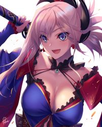 Rule 34 | 1girl, :d, asymmetrical hair, bare shoulders, blue eyes, blush, breasts, cleavage, earrings, fate/grand order, fate (series), fukai ryosuke, halterneck, holding, holding sword, holding weapon, jewelry, large breasts, long hair, long sleeves, looking at viewer, magatama, miyamoto musashi (fate), miyamoto musashi (third ascension) (fate), open mouth, pendant, pink hair, ponytail, signature, simple background, sleeves past wrists, smile, solo, sword, tsurime, upper body, weapon, white background