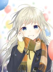 Rule 34 | 1girl, ahoge, balloon, bekkourico, black coat, black ribbon, blue eyes, blurry, blurry background, blurry foreground, coat, floating hair, grin, long hair, looking at viewer, neck ribbon, open clothes, open coat, original, portrait, ribbed sweater, ribbon, scarf, silver hair, smile, solo, striped clothes, striped scarf, sweater, yellow sweater