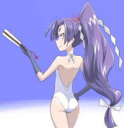Rule 34 | 10s, 1girl, ass, folded fan, eyebrows, hand fan, folding fan, gloves, hair ribbon, hand on own hip, hatsuharu (kancolle), iwatobi hiro, kantai collection, long hair, looking at viewer, looking back, one-piece swimsuit, personification, ponytail, purple eyes, purple hair, ribbon, short eyebrows, smile, solo, swimsuit, thick eyebrows, very long hair, white one-piece swimsuit