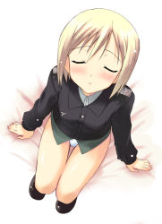 Rule 34 | 00s, 1girl, bed, bed sheet, blonde hair, blush, erica hartmann, closed eyes, from above, incoming kiss, kyogoku shin, military, military uniform, on bed, petite, pov, short hair, sitting, solo, strike witches, thighs, uniform, world witches series