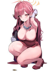 Rule 34 | 1girl, absurdres, armpits, aru (blue archive), aru (dress) (blue archive), bare legs, blue archive, blush, breasts, cleavage, collarbone, demon horns, earrings, glint, gloves, halo, high heels, highres, horns, jewelry, large breasts, looking at viewer, necklace, official alternate costume, panties, panty peek, pink hair, pizzasi, red footwear, red panties, simple background, solo, squatting, sweatdrop, underwear, white background, white gloves
