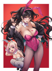 Rule 34 | animal ears, bare shoulders, black hair, blush, bow, bowtie, breasts, cleavage, detached collar, fake animal ears, floating hair, hand on own hip, jacket, large breasts, leotard, lipstick mark, long hair, looking at viewer, michiking, mole, mole under eye, off shoulder, open mouth, original, pantyhose, pink hair, pink leotard, playboy bunny, purple legwear, rabbit ears, rabbit pose, short hair, sidelocks, smile, squatting, standing, two side up, wavy hair, white legwear, white leotard, wrist cuffs