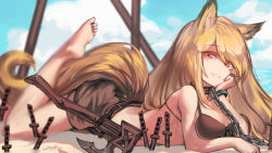 Rule 34 | 1girl, animal ears, arknights, axe, barefoot, bikini, bikini top only, blonde hair, brown bikini, ceobe (arknights), chain, collar, dog ears, dog girl, dog tail, artistic error, fang, fang out, feet, foot up, grin, lying, on stomach, red eyes, ribiadan, shorts, smile, soles, solo, swimsuit, tail, the pose, toes, weapon, wrong foot