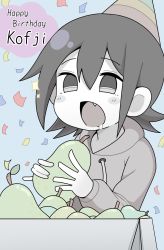 Rule 34 | 1girl, black eyes, black hair, blue background, blush, box, character name, colored skin, commentary, confetti, cookie (touhou), english commentary, fang, food, fruit, grey hoodie, hair between eyes, happy birthday, hat, highres, holding, holding food, hood, hood down, hoodie, kofji (cookie), madore, open mouth, party hat, pear, short hair, solo, upper body, white skin