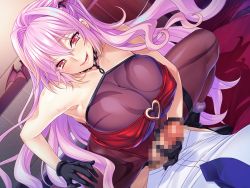 Rule 34 | 1girl, :d, akagi rio, bare shoulders, bed, blush, boots, breasts, censored, covered erect nipples, cowgirl position, demon girl, demon wings, game cg, girl on top, gloves, handjob, highres, huge breasts, indoors, legs, licking, licking lips, long hair, lying, meisa (succubus tanetsuke park), miel (company), mosaic censoring, naughty face, on bed, open mouth, original, pantyhose, penis, pink hair, red eyes, see-through, smile, straddling, succubus tanetsuke park, thighs, tongue, tongue out, wings